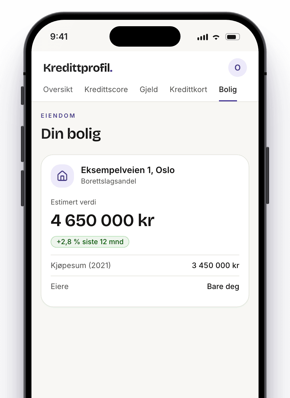 Kredittprofil på iPhone: boligen din med estimert verdi
