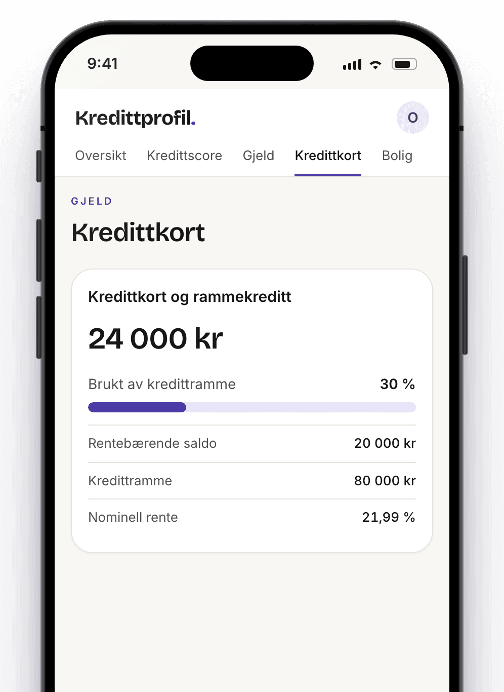 Kredittprofil på iPhone: kredittkortgjeld og hvor mye av kredittrammen som er brukt