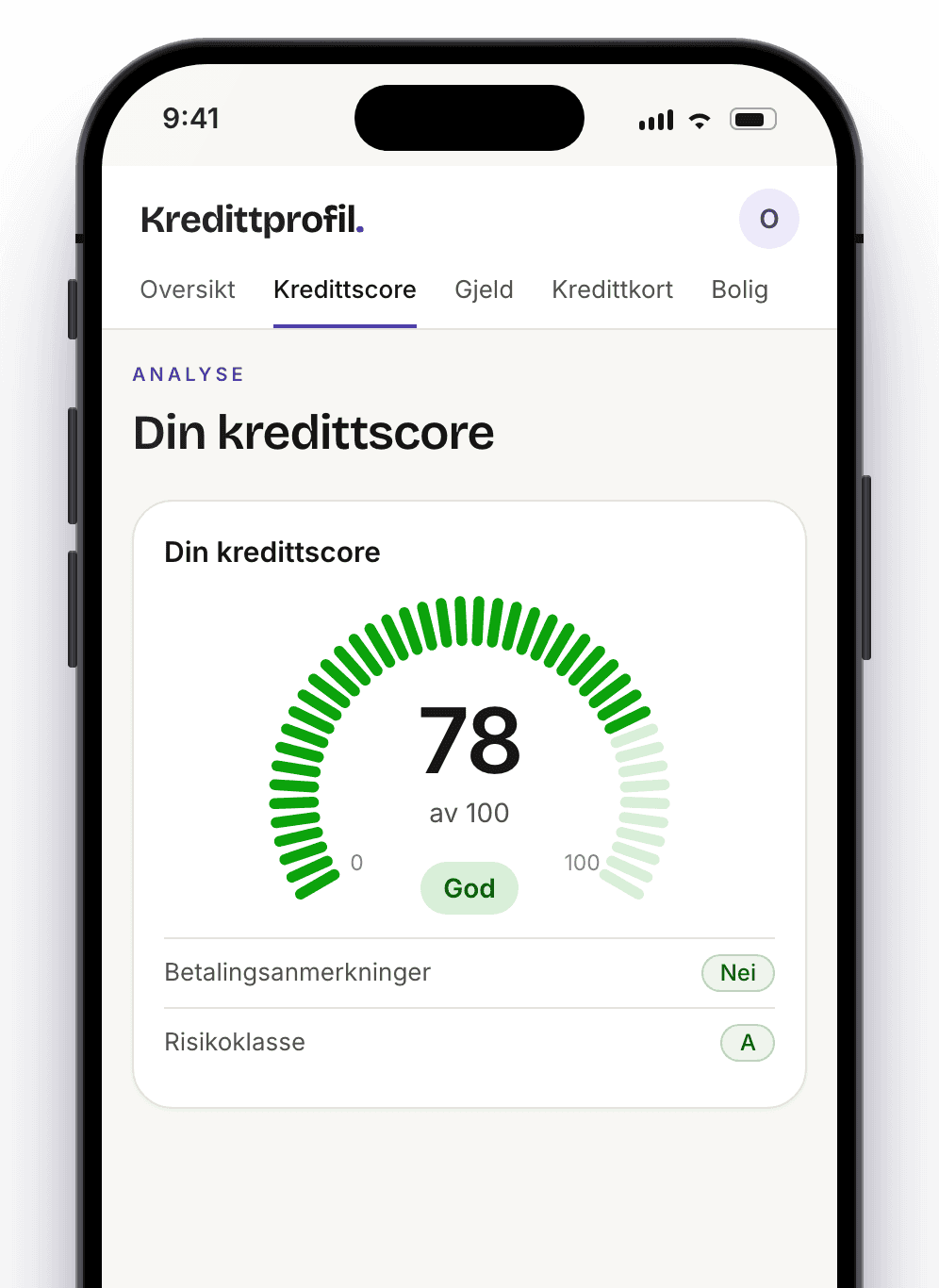 Kredittprofil på iPhone: kredittscore 78 av 100 uten betalingsanmerkninger