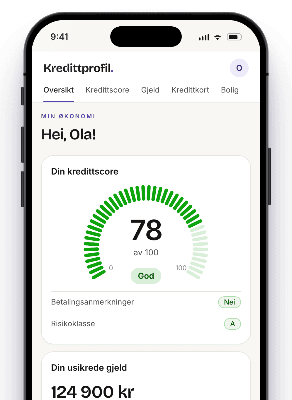 Kredittprofil på iPhone: kredittscore 78 av 100 og usikret gjeld samlet