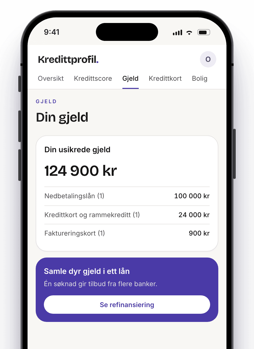 Kredittprofil på iPhone: samlet usikret gjeld og refinansiering